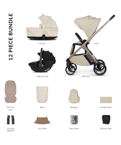 Tila 12 piece pram bundle with tiago car seat and accessories in sabbia white colourway.