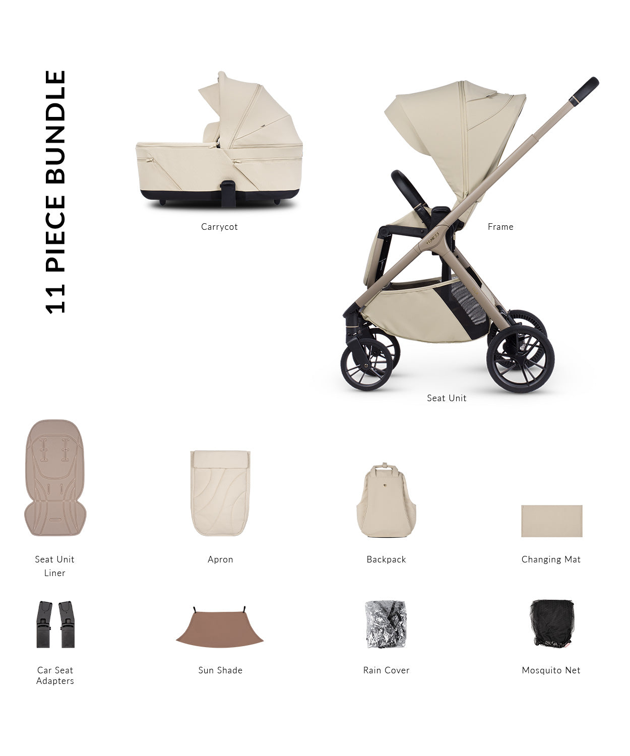 Tila 11 piece pram bundle with accessories in sabbia white colourway.