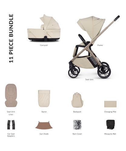 Tila 11 piece pram bundle with accessories in sabbia white colourway.