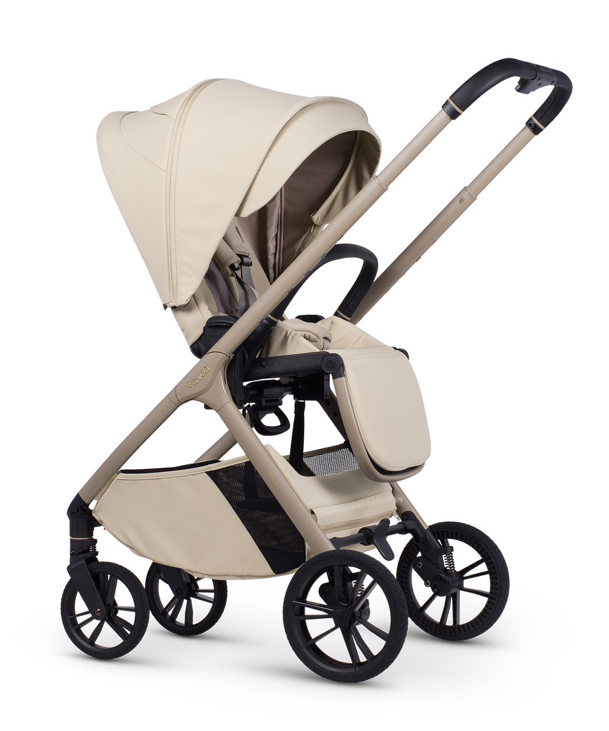 Tila 13 piece pram bundle with aton b2 car seat, isofix base and accessories in sabbia white colourway.