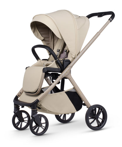 Tila 13 piece pram bundle with aton b2 car seat, isofix base and accessories in sabbia white colourway.