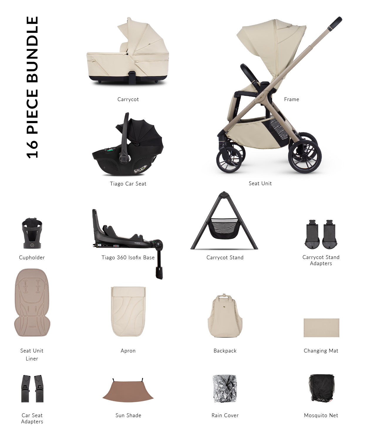 Tila ultimate pram bundle in Sabbia white colourway including car seat, base and accessories.