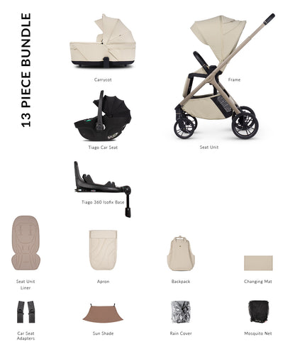 Tila 13 piece pram bundle with tiago car seat, isofix base and accessories in sabbia white colourway.