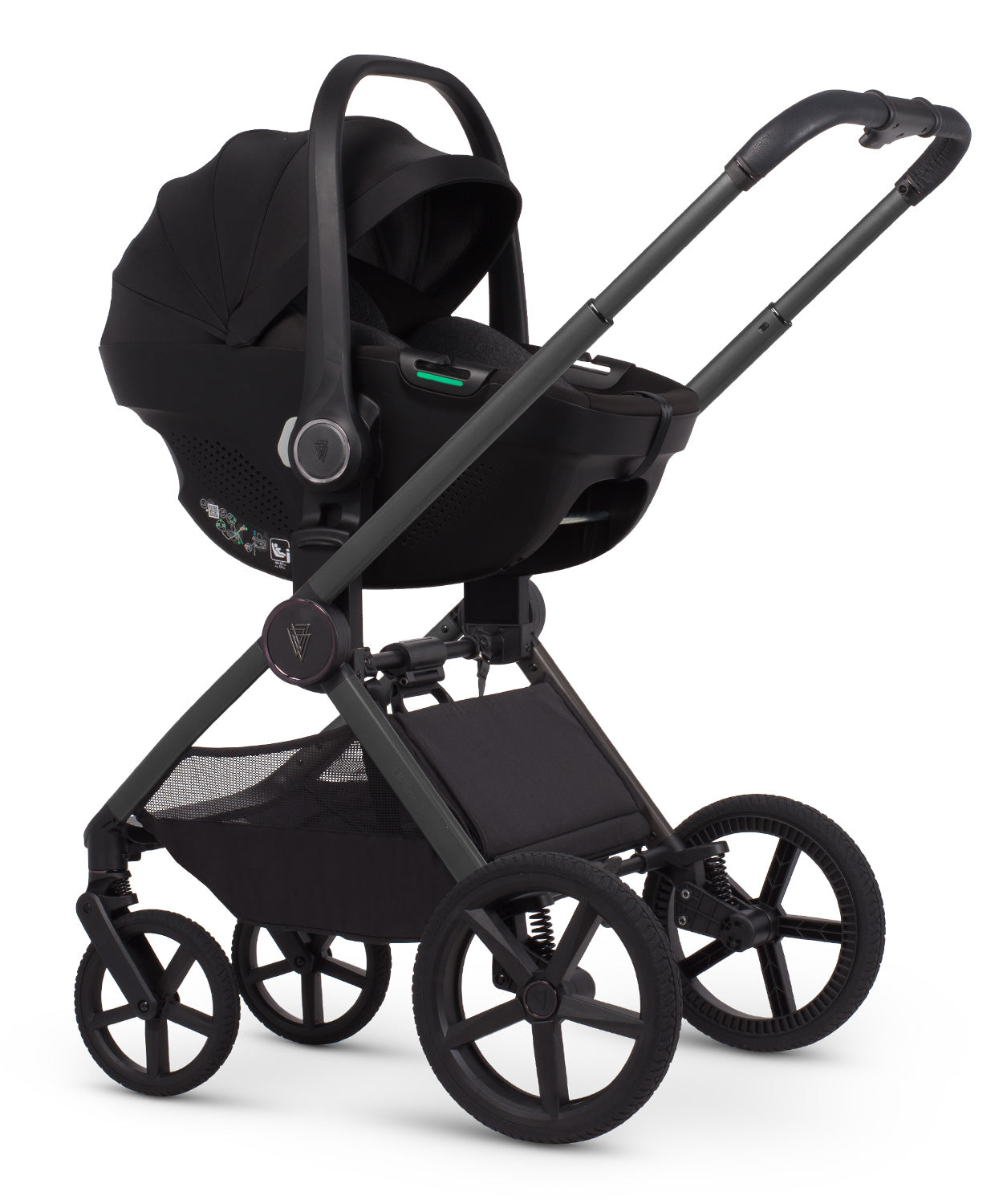 Venicci upline 3 bundle with accessories, carrycot stand and car seat in aloe green clourway.