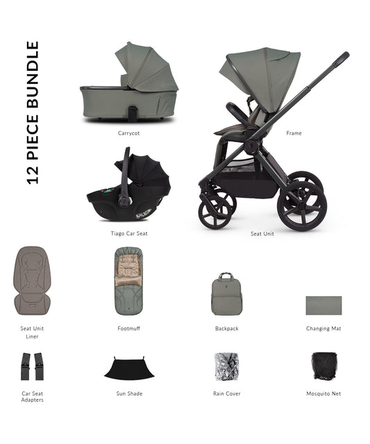 Venicci upline 3 comfort bundle with accessories and tiago car seat in aloe clourway.