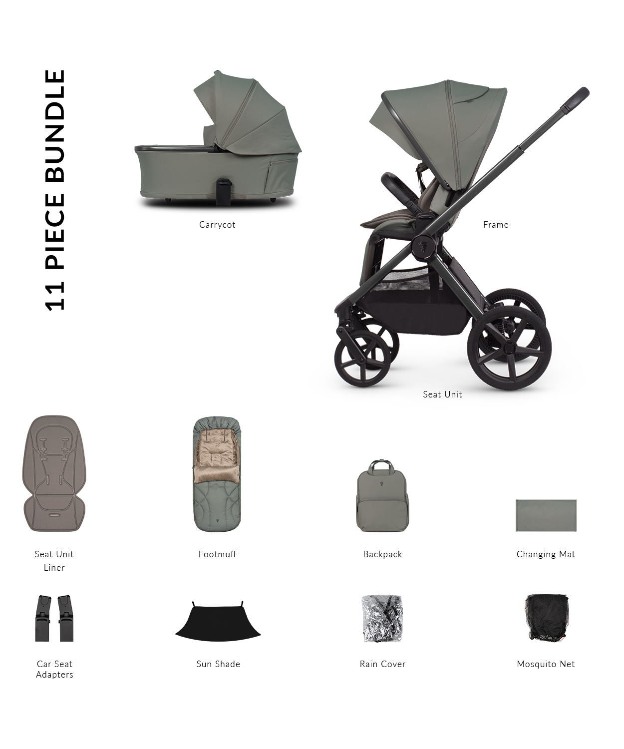 Venicci upline 3 pram bundle with accessories in aloe green colourway.