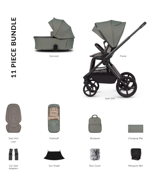 Venicci upline 3 pram bundle with accessories in aloe green colourway.