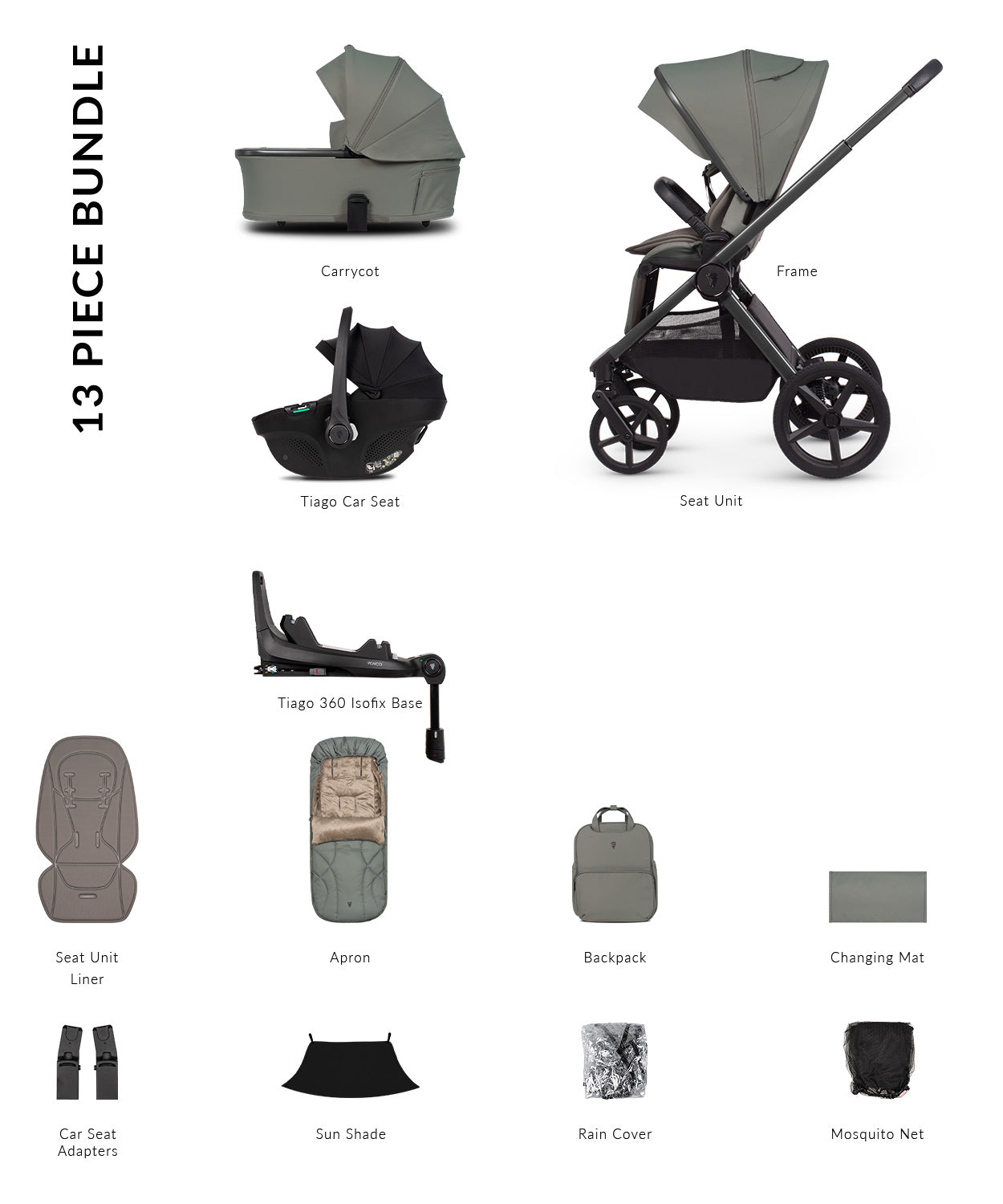 Venicci Upline 3 Luxury Bundle in aloe colourway, complete with accessories and tiago car seat and base.