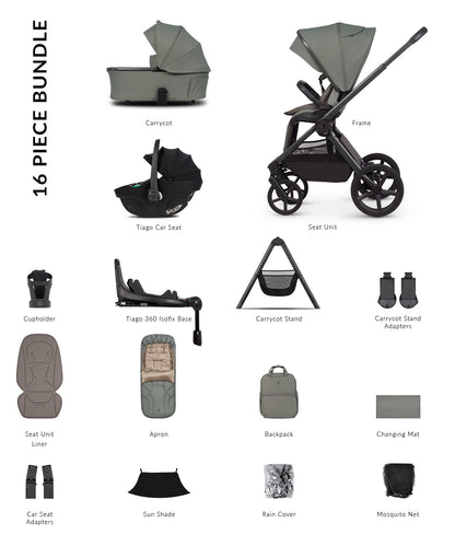 Venicci upline 3 bundle with accessories, carrycot stand and car seat in aloe green clourway.