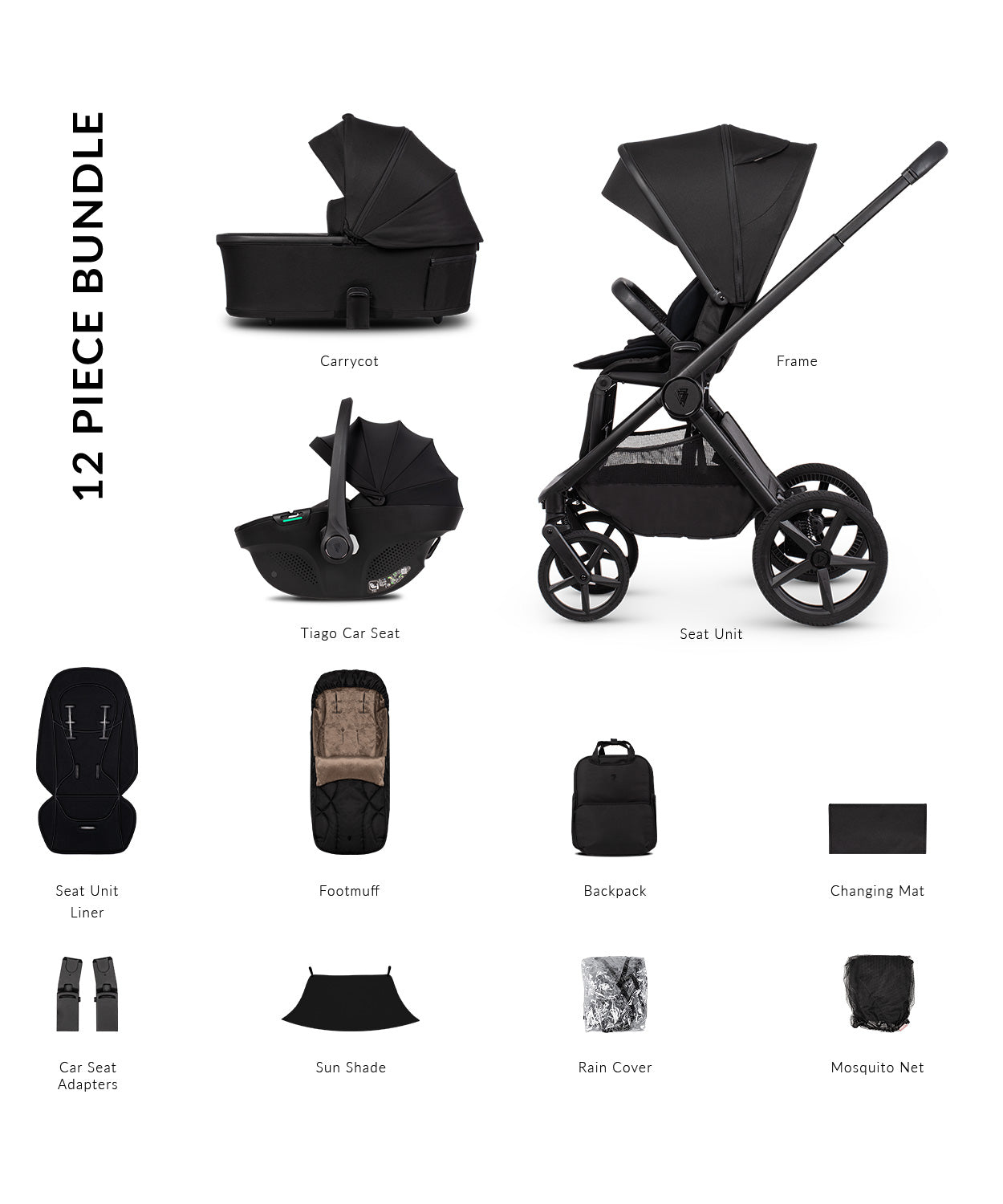 Venicci upline 3 comfort bundle with accessories and tiago car seat in onyx black clourway.