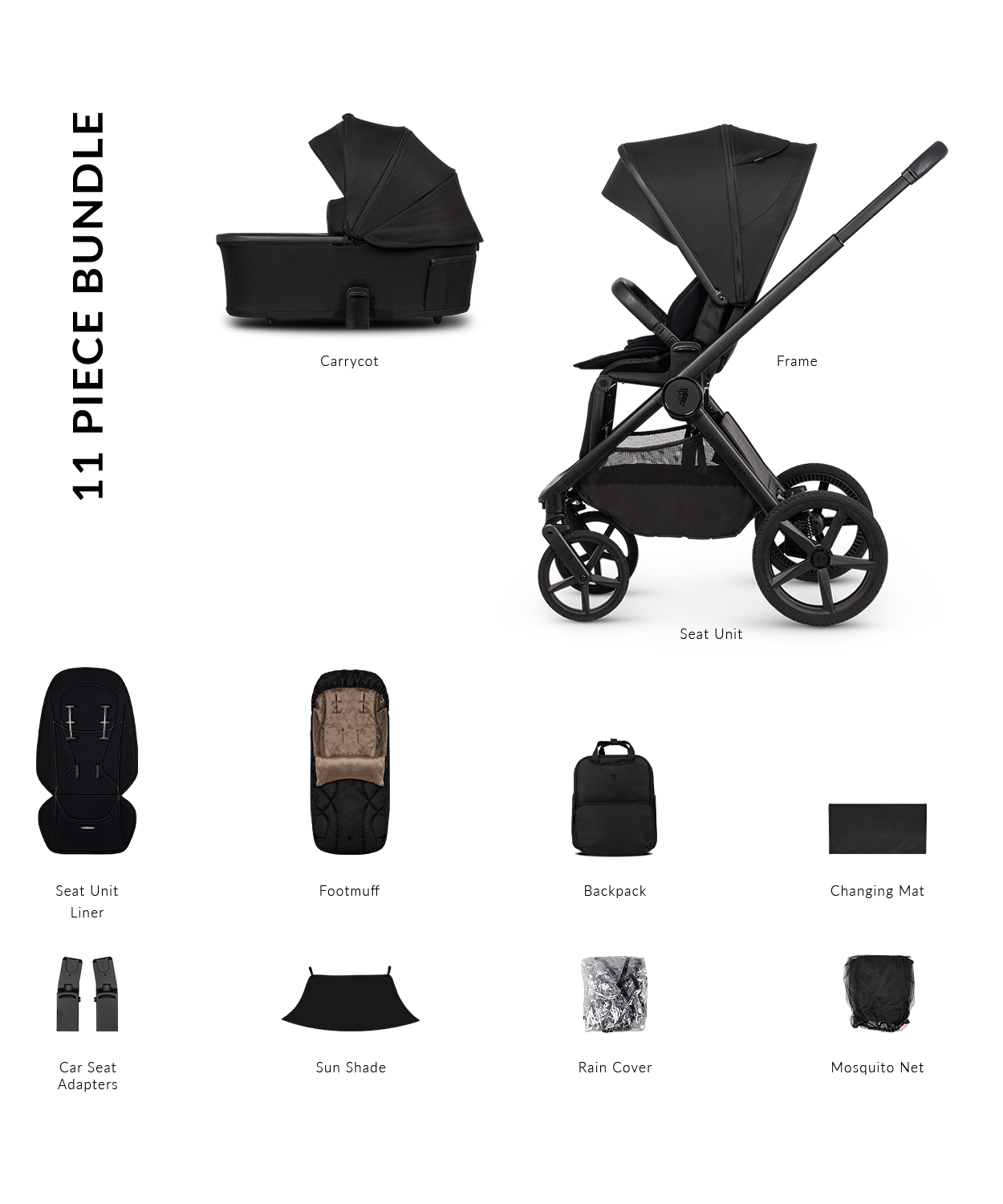 Venicci upline 3 pram bundle with accessories in onyx black colourway.