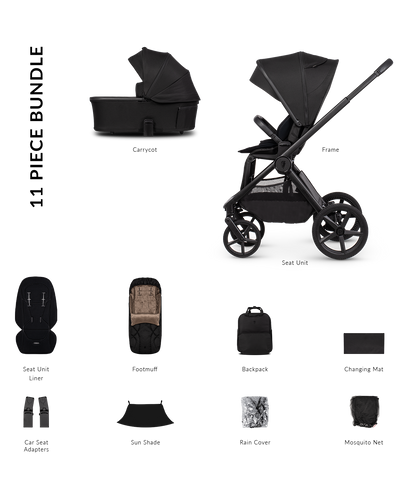 Venicci upline 3 pram bundle with accessories in onyx black colourway.