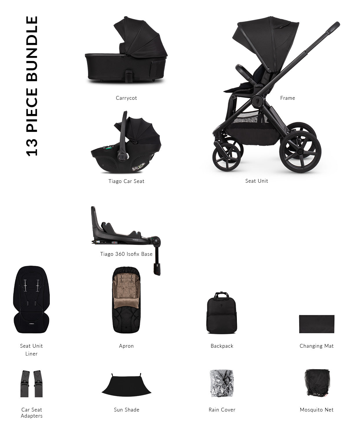 Venicci Upline 3 Luxury Bundle in onyx black colourway, complete with accessories and tiago car seat and base.