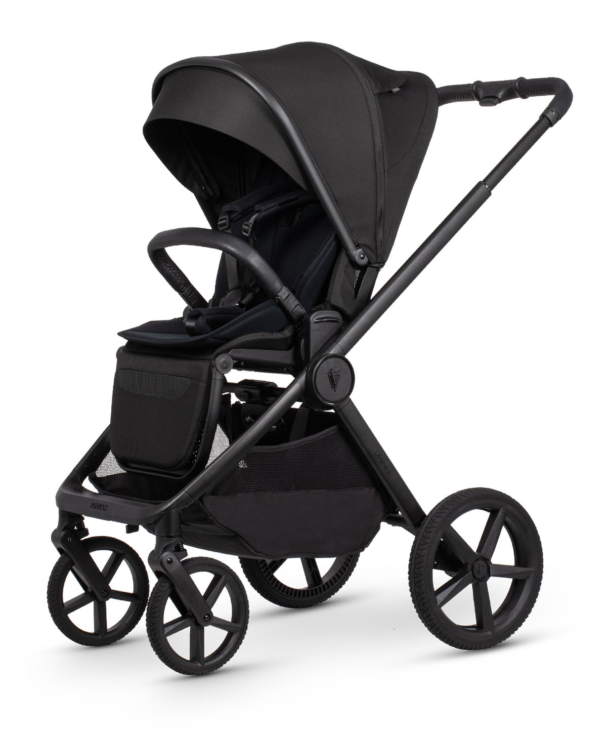 Venicci Upline 3 travel system in onyx black colour with matching accessories and cybex cloud s car seat and isofx base.