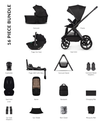 Venicci upline 3 bundle with accessories, carrycot stand and car seat in onyx black clourway.