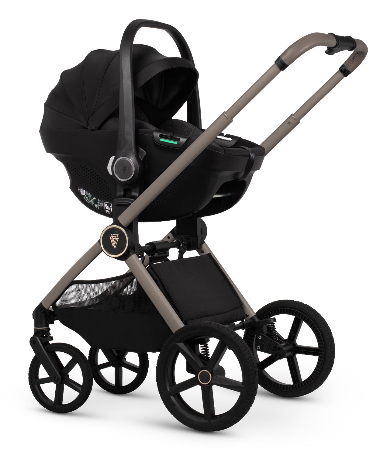 Venicci upline 3 comfort bundle with accessories and tiago car seat in pebble clourway.