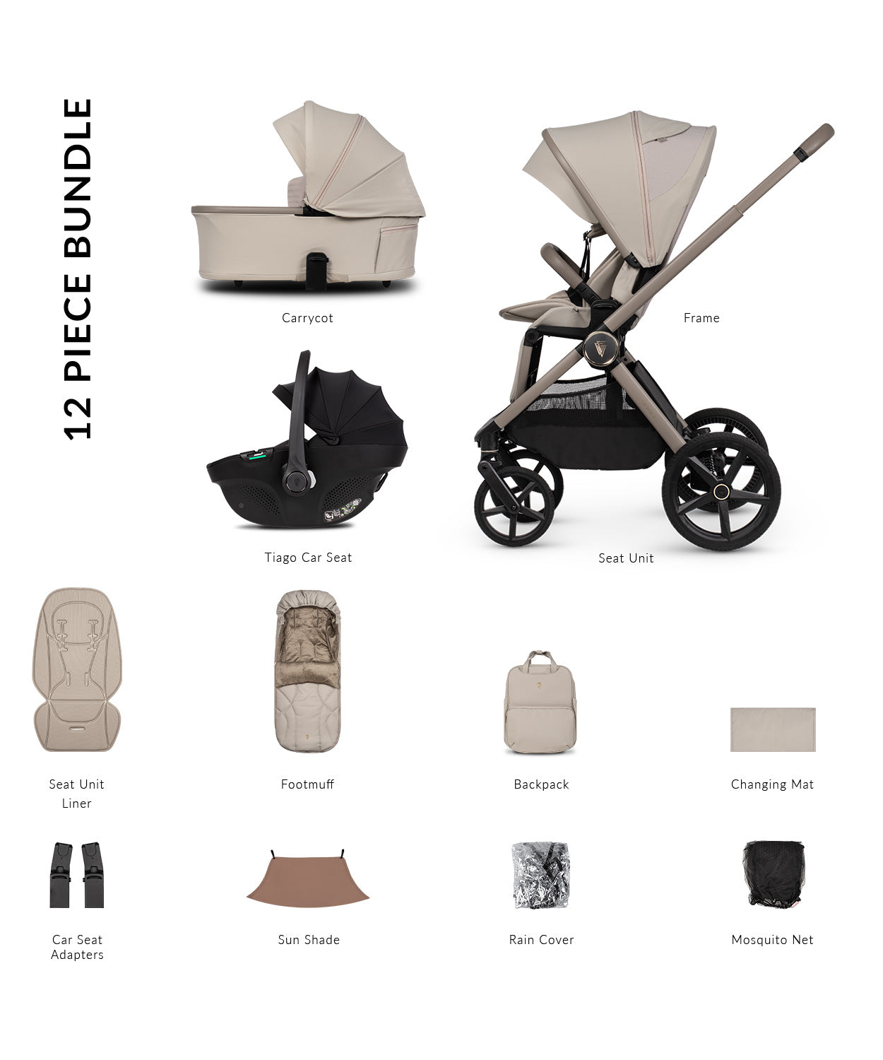 Venicci upline 3 comfort bundle with accessories and tiago car seat in pebble clourway.