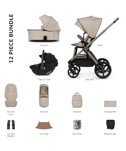 Venicci upline 3 comfort bundle with accessories and tiago car seat in pebble clourway.