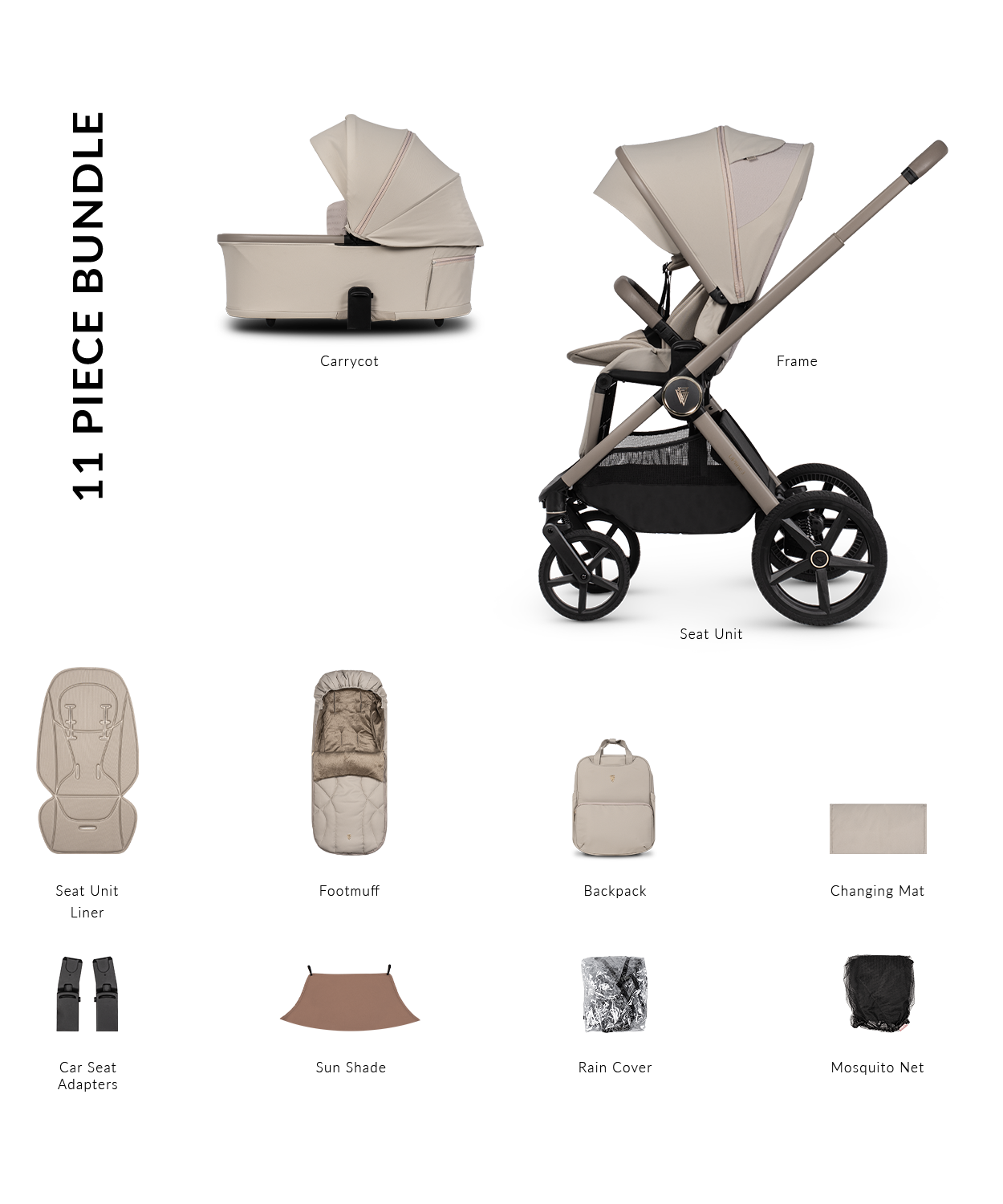 Venicci upline 3 pram bundle with accessories in pebble colourway.