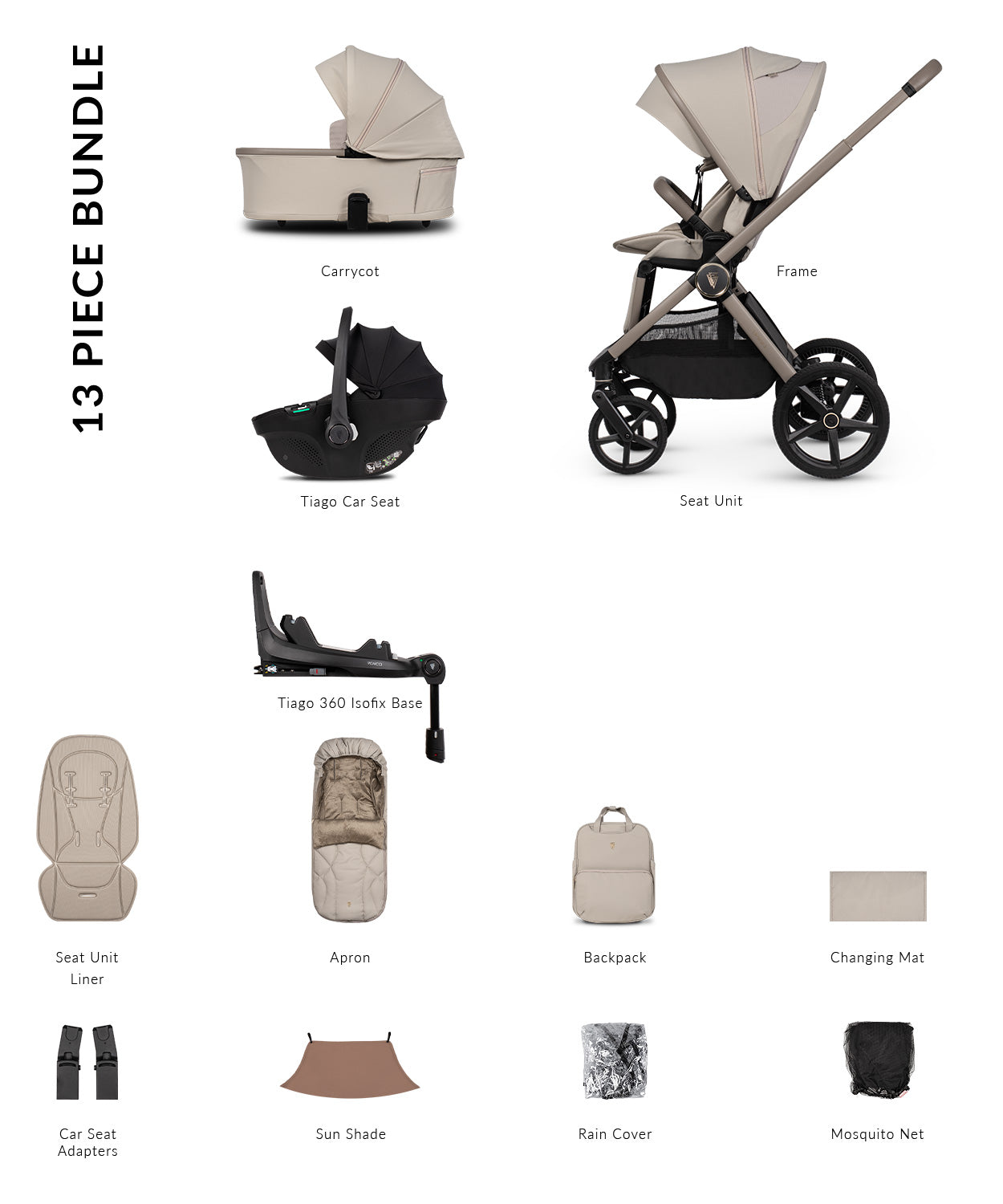 Venicci Upline 3 Luxury Bundle in pebble colourway, complete with accessories and tiago car seat and base.