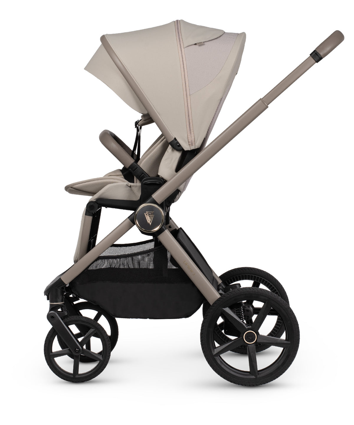 Venicci Upline 3 travel system in pebble beige colour with matching accessories and cybex cloud s car seat and isofx base.