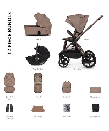 Venicci upline 3 comfort bundle with accessories and tiago car seat in sand clourway.