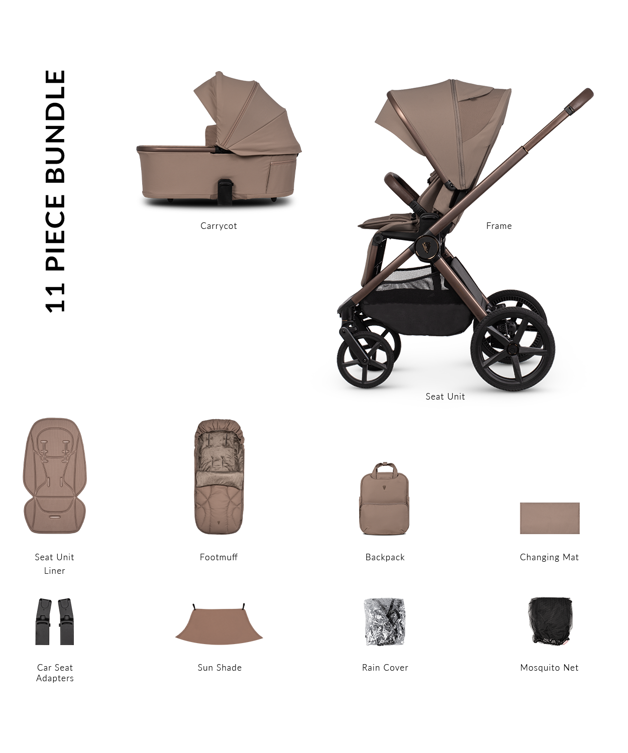 Venicci upline 3 pram bundle with accessories in sand beige colourway.