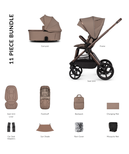 Venicci upline 3 pram bundle with accessories in sand beige colourway.