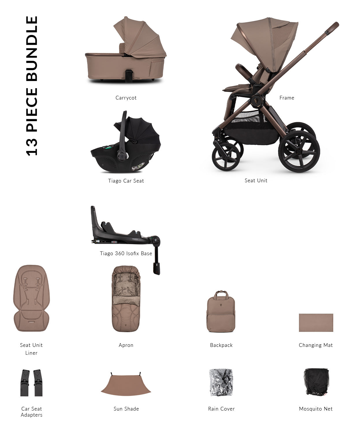 Venicci Upline 3 Luxury Bundle in sand colourway, complete with accessories and tiago car seat and base.