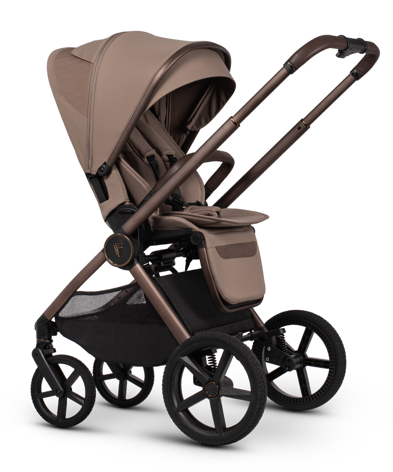 Venicci Upline 3 Luxury Bundle in sand colourway, complete with accessories and tiago car seat and base.