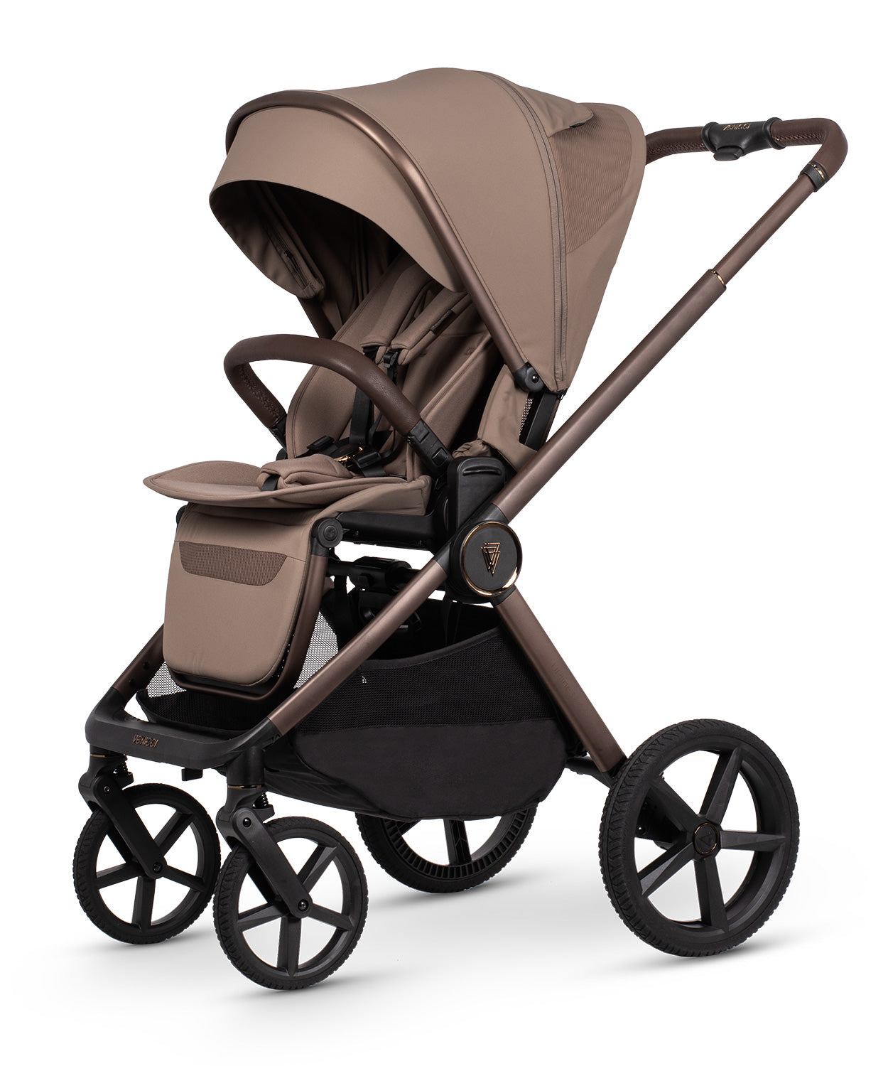 Venicci Upline 3 Luxury Bundle in sand colourway, complete with accessories and tiago car seat and base.