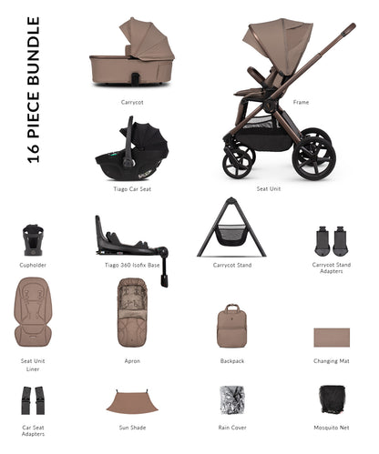 Venicci upline 3 bundle with accessories, carrycot stand and car seat in sand clourway.