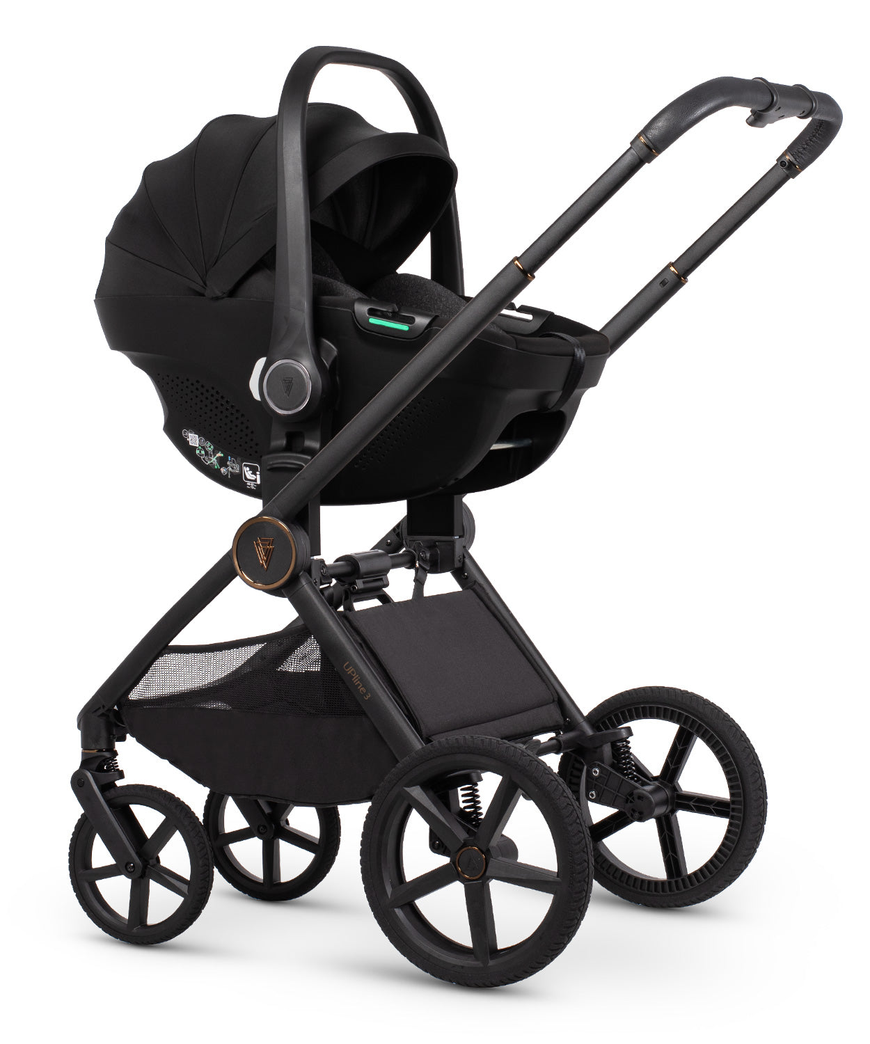 Venicci upline 3 bundle with accessories, carrycot stand and car seat in truffle clourway.