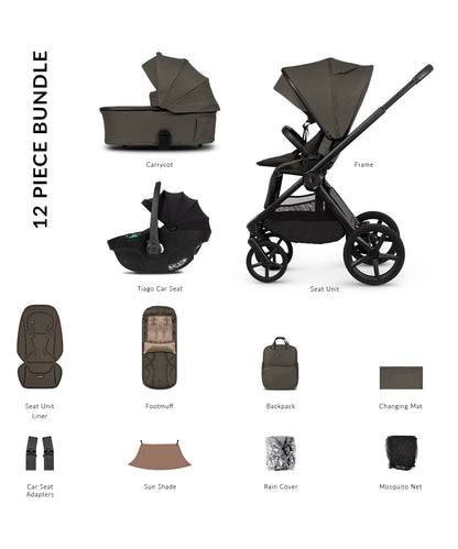 Venicci upline 3 comfort bundle with accessories and tiago car seat in truffle clourway.