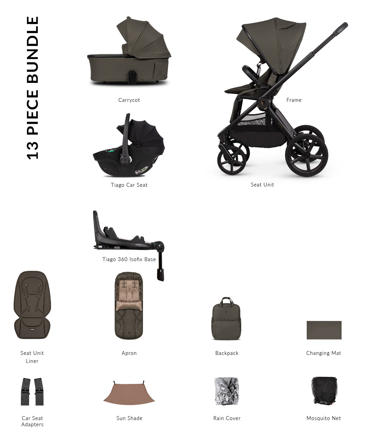 Venicci Upline 3 Luxury Bundle in truffle colourway, complete with accessories and tiago car seat and base.