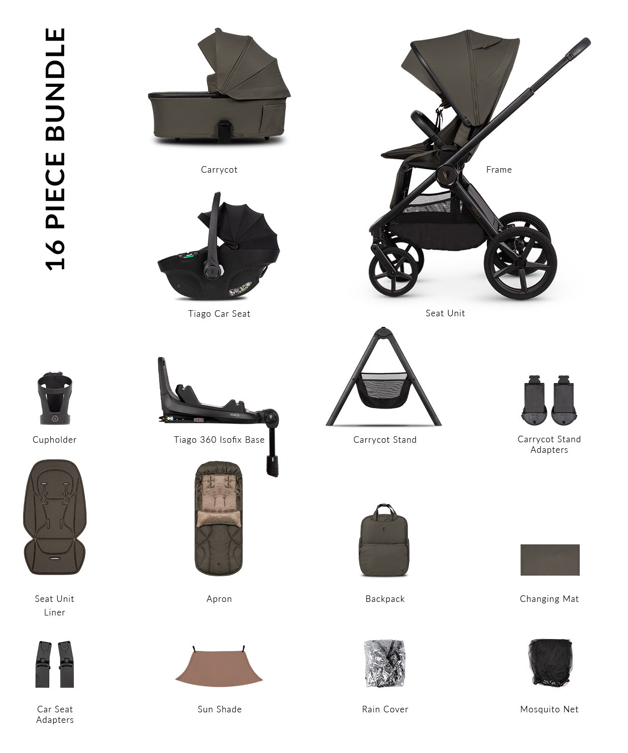Venicci upline 3 bundle with accessories, carrycot stand and car seat in truffle clourway.