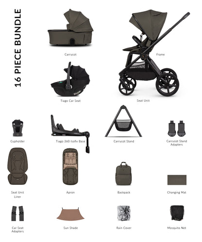 Venicci upline 3 bundle with accessories, carrycot stand and car seat in truffle clourway.