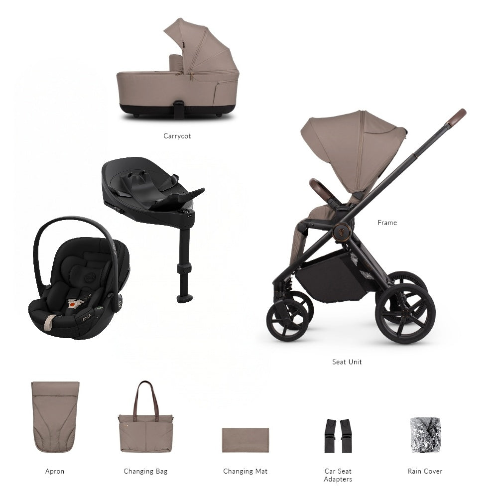 Veicci Claro 2 travel system in almond beige colour with matching accessories, complete with cybex cloud S car seat and isofix base.