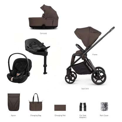 Veicci Claro 2 travel system in chocolate brown colour with matching accessories, complete with cybex cloud S car seat and isofix base.