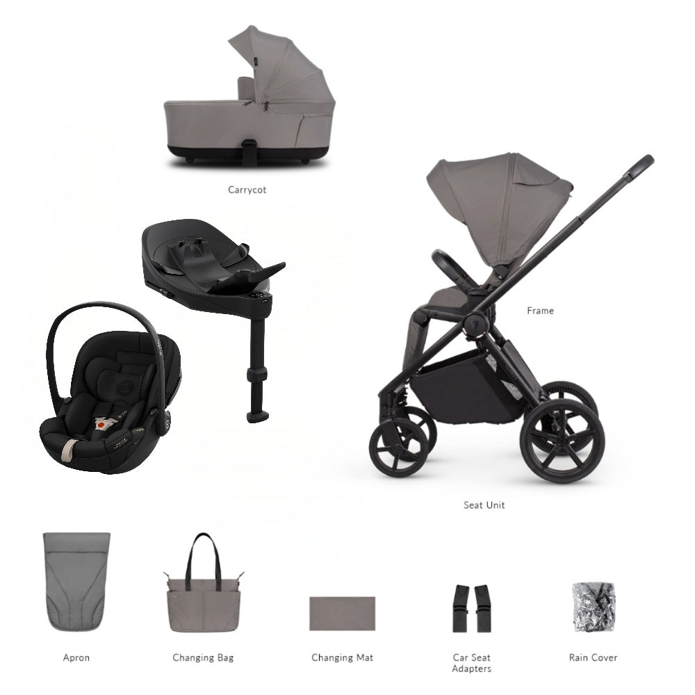 Veicci Claro 2 travel system in fog grey colour with matching accessories, complete with cybex cloud S car seat and isofix base.