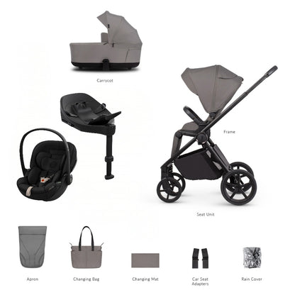 Veicci Claro 2 travel system in fog grey colour with matching accessories, complete with cybex cloud S car seat and isofix base.
