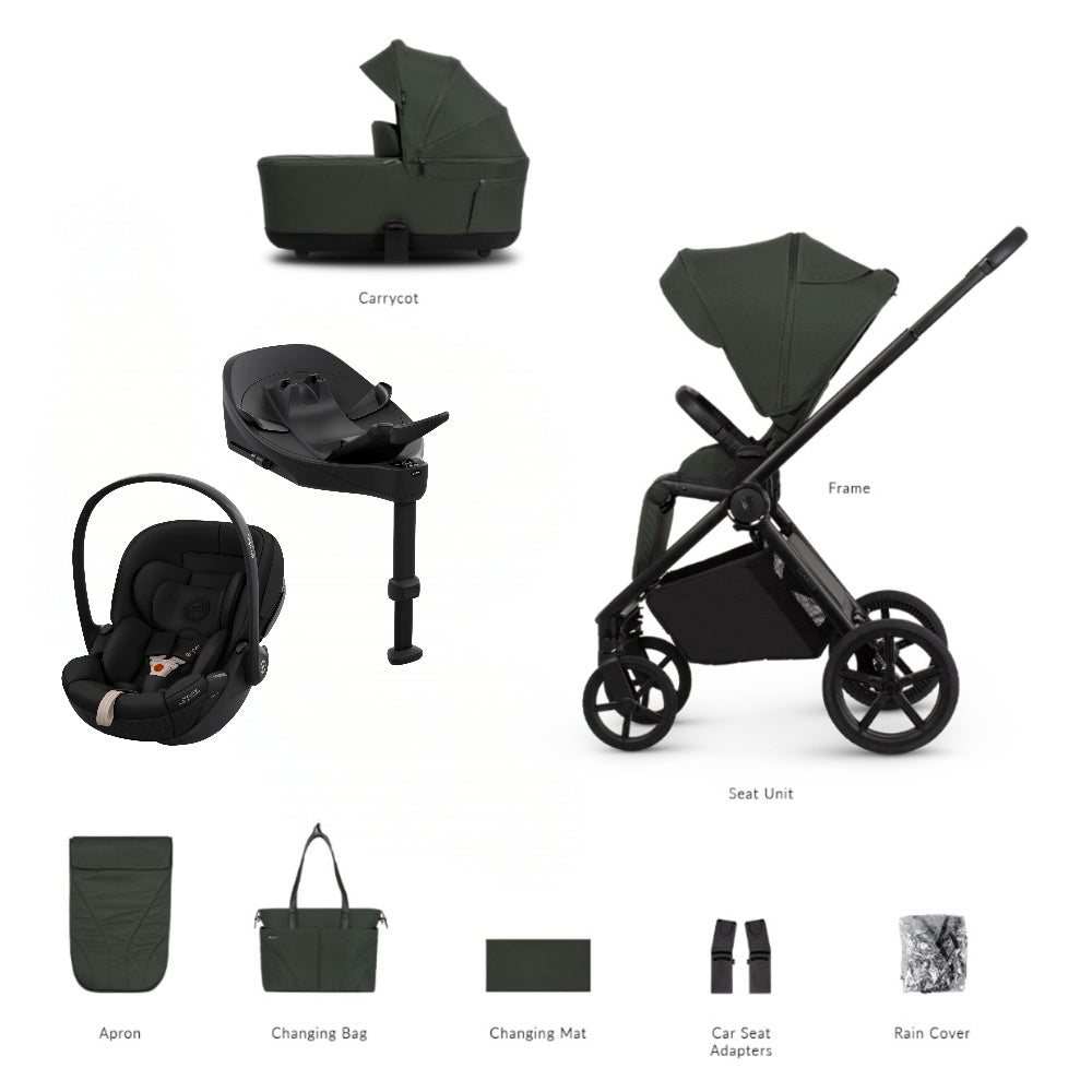 Veicci Claro 2 travel system in forest green with matching accessories, complete with cybex cloud S car seat and isofix base.