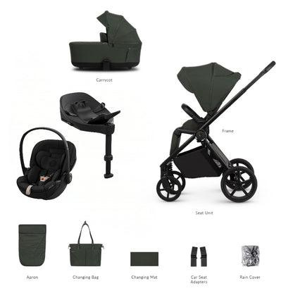 Veicci Claro 2 travel system in forest green with matching accessories, complete with cybex cloud S car seat and isofix base.