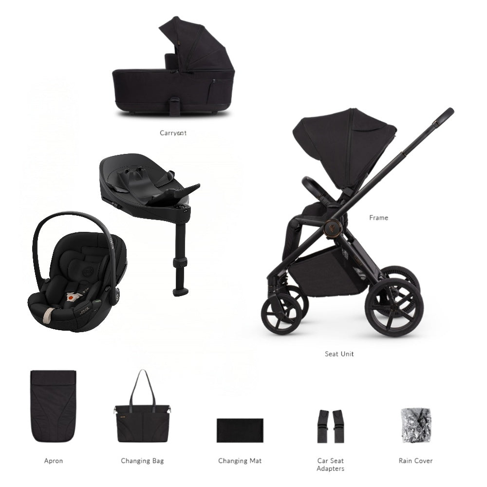 Veicci Claro 2 travel system in noir black with matching accessories, complete with cybex cloud S car seat and isofix base.