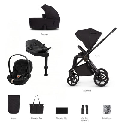 Veicci Claro 2 travel system in noir black with matching accessories, complete with cybex cloud S car seat and isofix base.