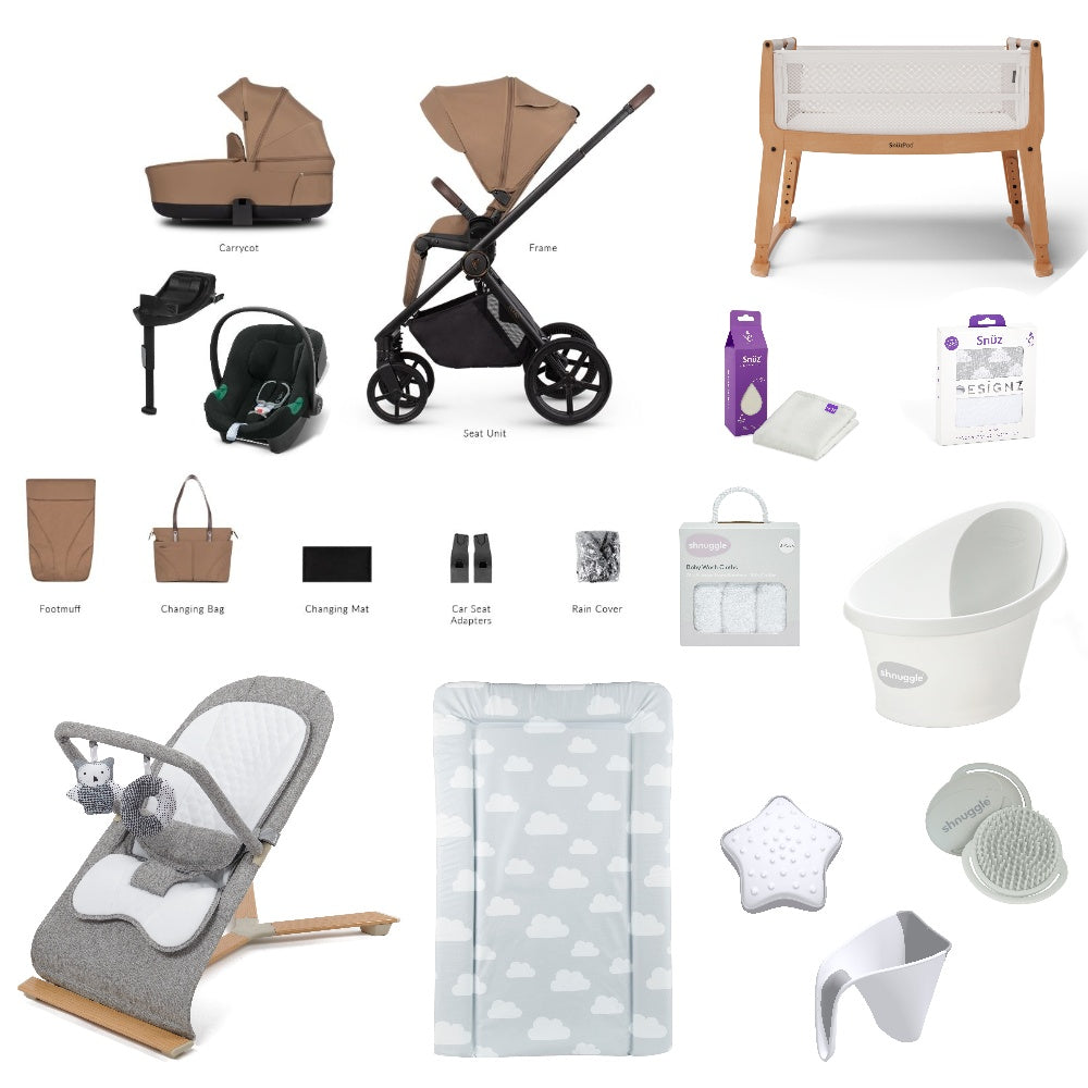 Venicci Claro Pushchair & carrycot in Caramel, complete with all babies essential including car seat, crib, bath and bath time accessories.