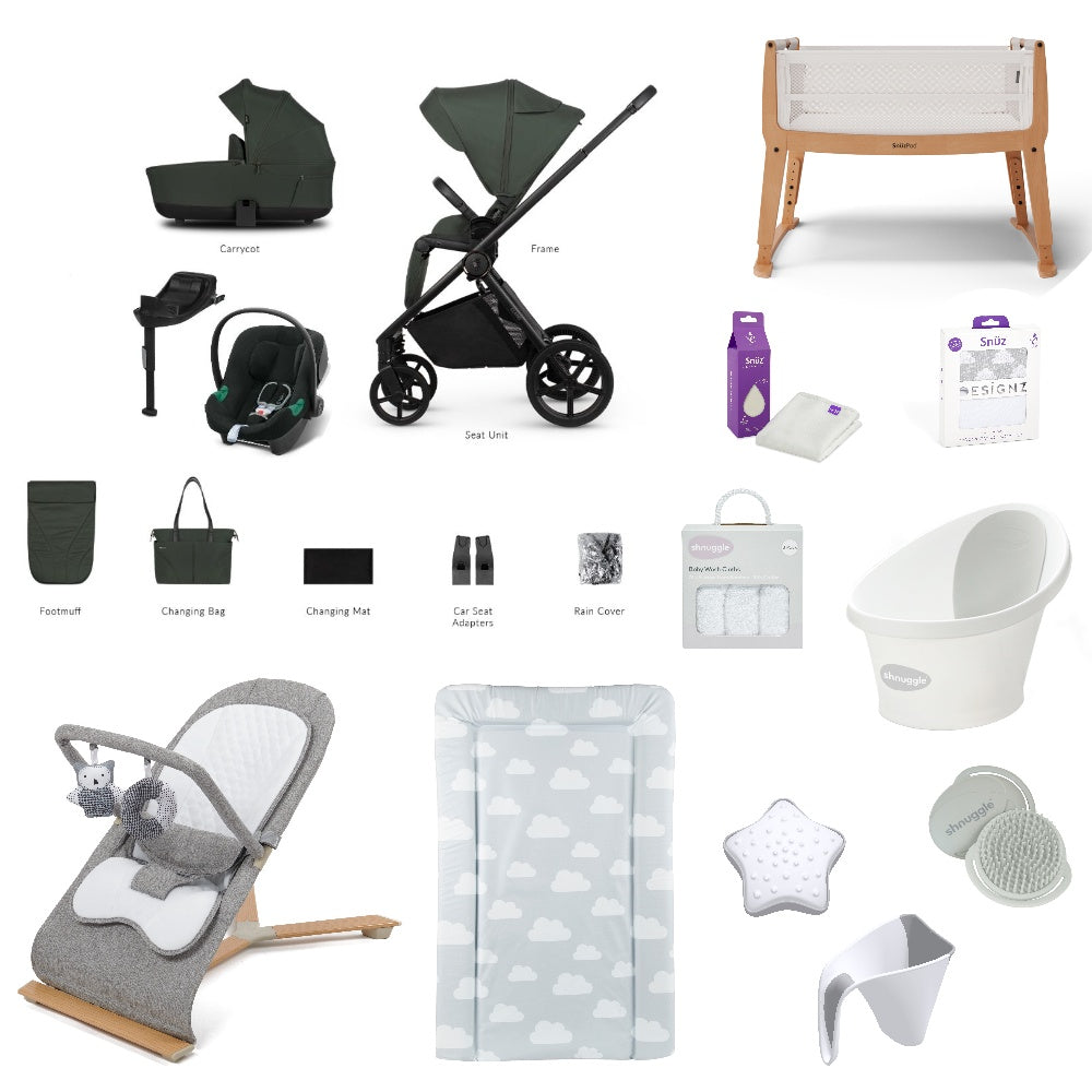 Venicci Claro Pushchair & carrycot in Forest, complete with all babies essential including car seat, crib, bath and bath time accessories.