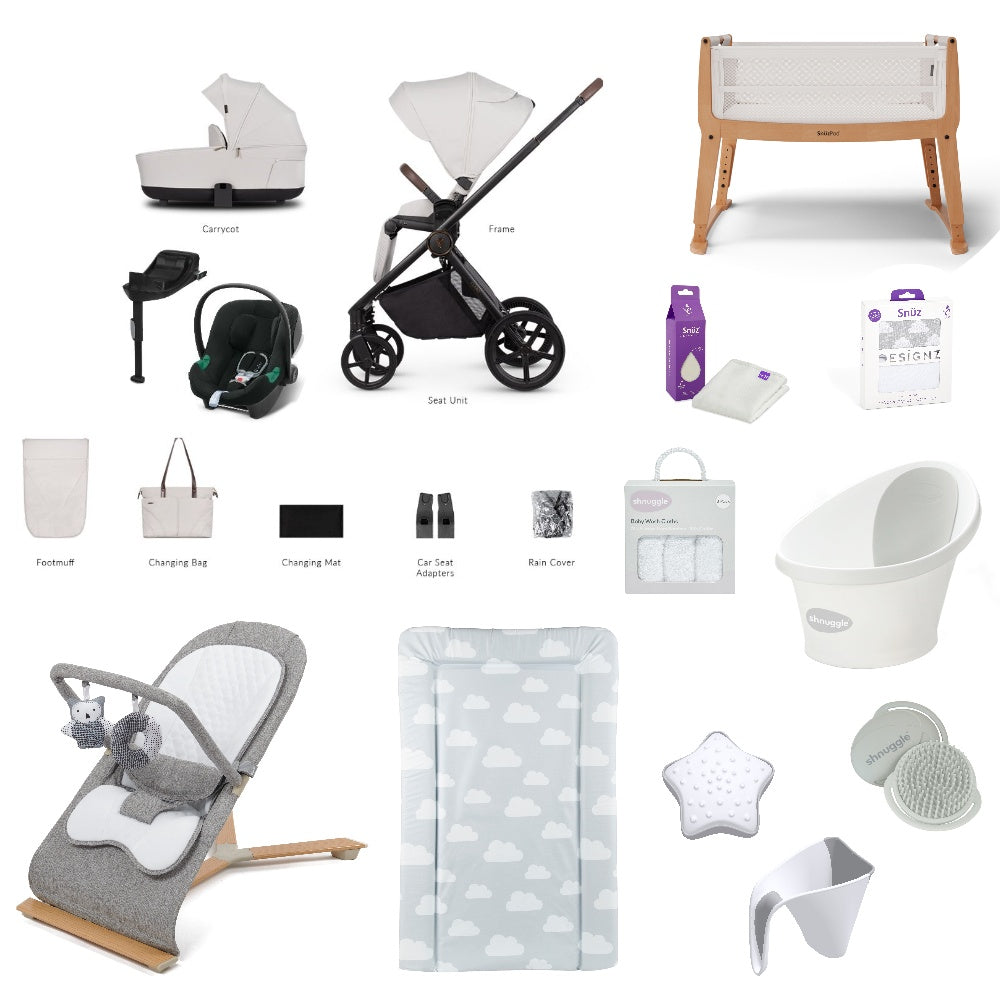 Venicci Claro Pushchair & carrycot in Vanilla, complete with all babies essential including car seat, crib, bath and bath time accessories.