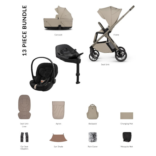 Venicci Tila travel system in latte beige colour with matching accessories and cybex cloud S car seat and isofix base.