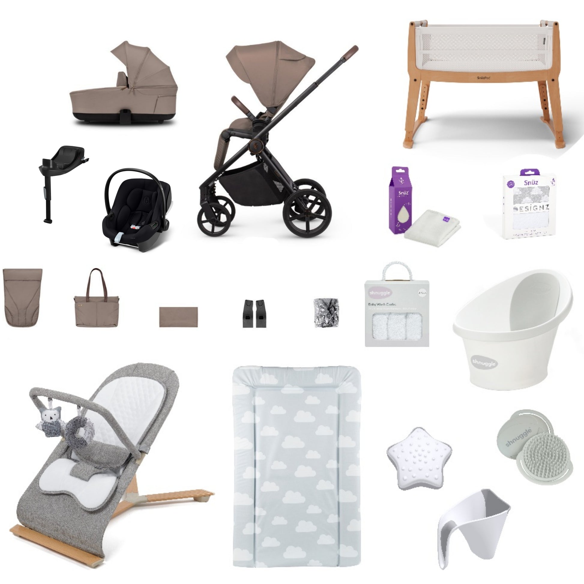 Venicci Claro Pushchair & carrycot in Almond, complete with all babies essential including car seat, crib, bath and bath time accessories.